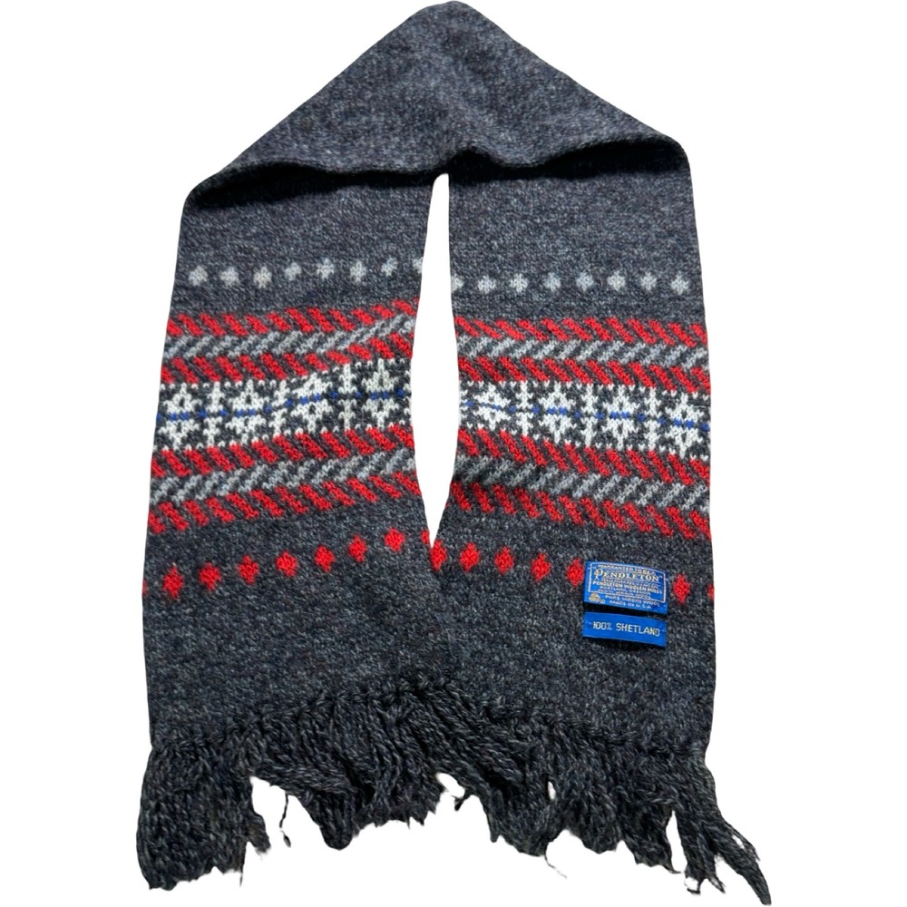 Vintage Pendleton Shetland Wool Scarf Fair Isle Nordic Gray Red USA Made 1980s